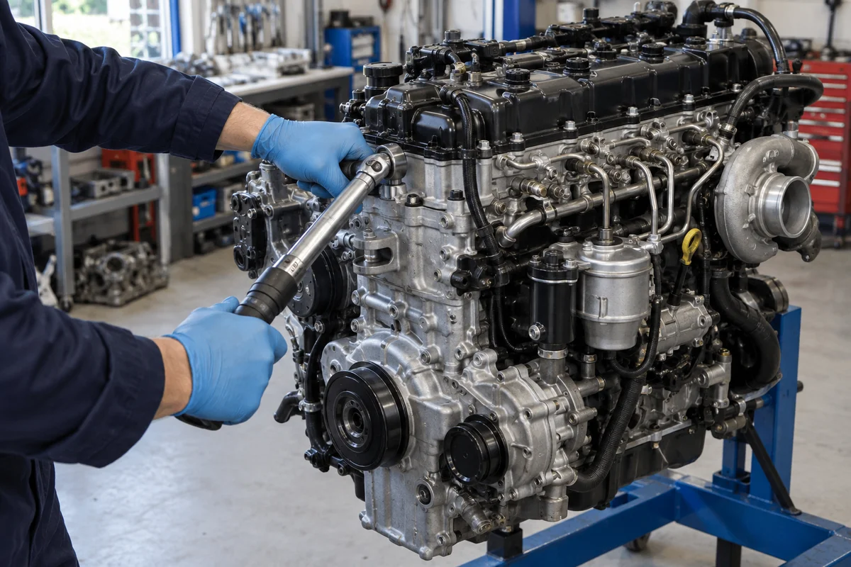 Illustrative close-up of a mechanic working on a rebuilt diesel engine