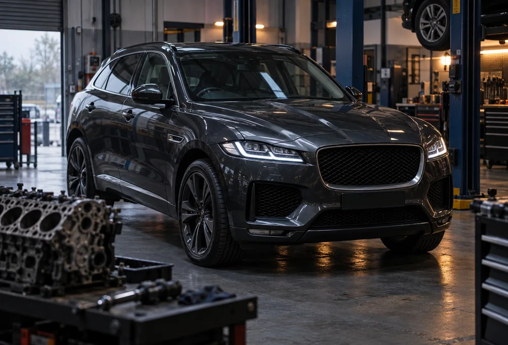 Jaguar F-Pace SUV at a workshop