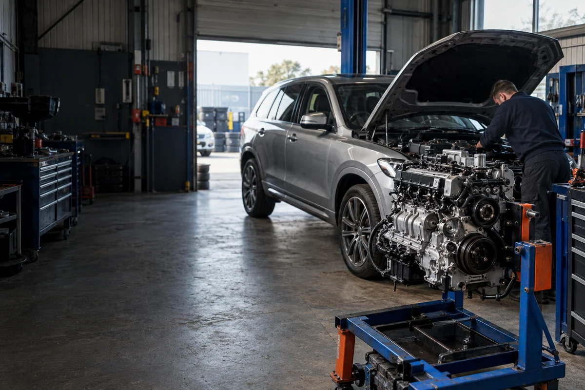 Illustrative workshop scene with an engine on a stand beside an SUV